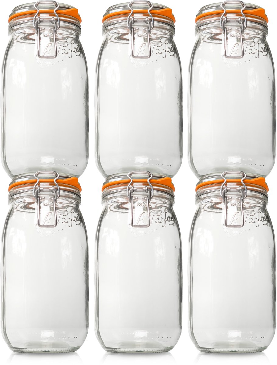 Le Parfait 2000ml Weckpotten Set XXL (6x 2000ml) | OP=OP Voordeelset van 6 stuks | Premium kwaliteit | Robuust en Voedselveilig | Ideaal als voorraadpot, inmaakpot of conserveerpot | Made in France