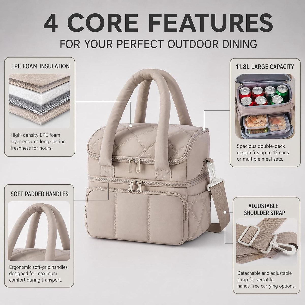 Isolerende Koeltas voor Vrouwen, Dubbelwandige Lunchtas, Gevoerde en Lekvrije Tas voor Picknick en Reizen (Beige)