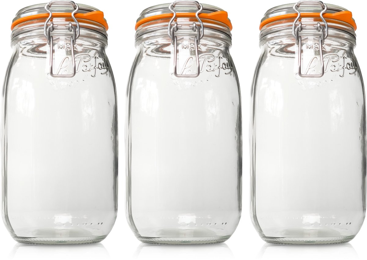 Le Parfait 2000ml Weckpotten Set XXL (3x 2000ml) | OP=OP Voordeelset van 3 stuks | Premium kwaliteit | Robuust en Voedselveilig | Ideaal als voorraadpot, inmaakpot of conserveerpot | Made in France
