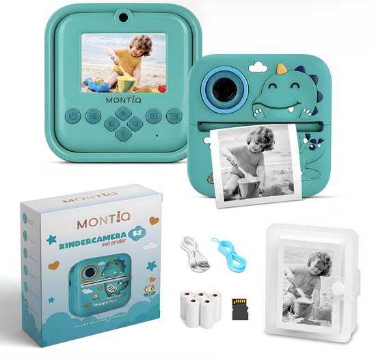 Mintgroene kinder camera met dinosaurus opdruk, inclusief album, foto's en accessoires. Bevat printer.