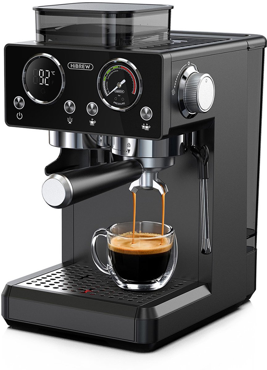 HiBREW H20 alles-in-één koffiezetapparaat met ingebouwde molen, dubbele warme en koude extractie, druk van 20 bar, maalaanpassing op 20 niveaus, stoompijpje voor latte, watertank van 1,4 liter, Smart Touch Control