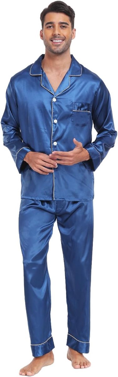 nachtkleding, satijn, lang, tweedelig, lange mouwen, knoopsluiting, huispak, pyjamabroek, zijde, loungewear met V-hals, knoopsluiting, zakken