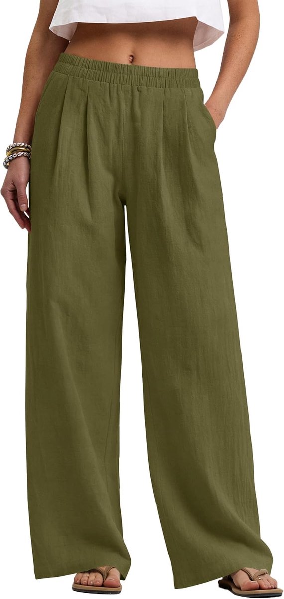 Linnen Broek Vrouwen Brede Pijpen Broek Met Zakken Elastische Taille