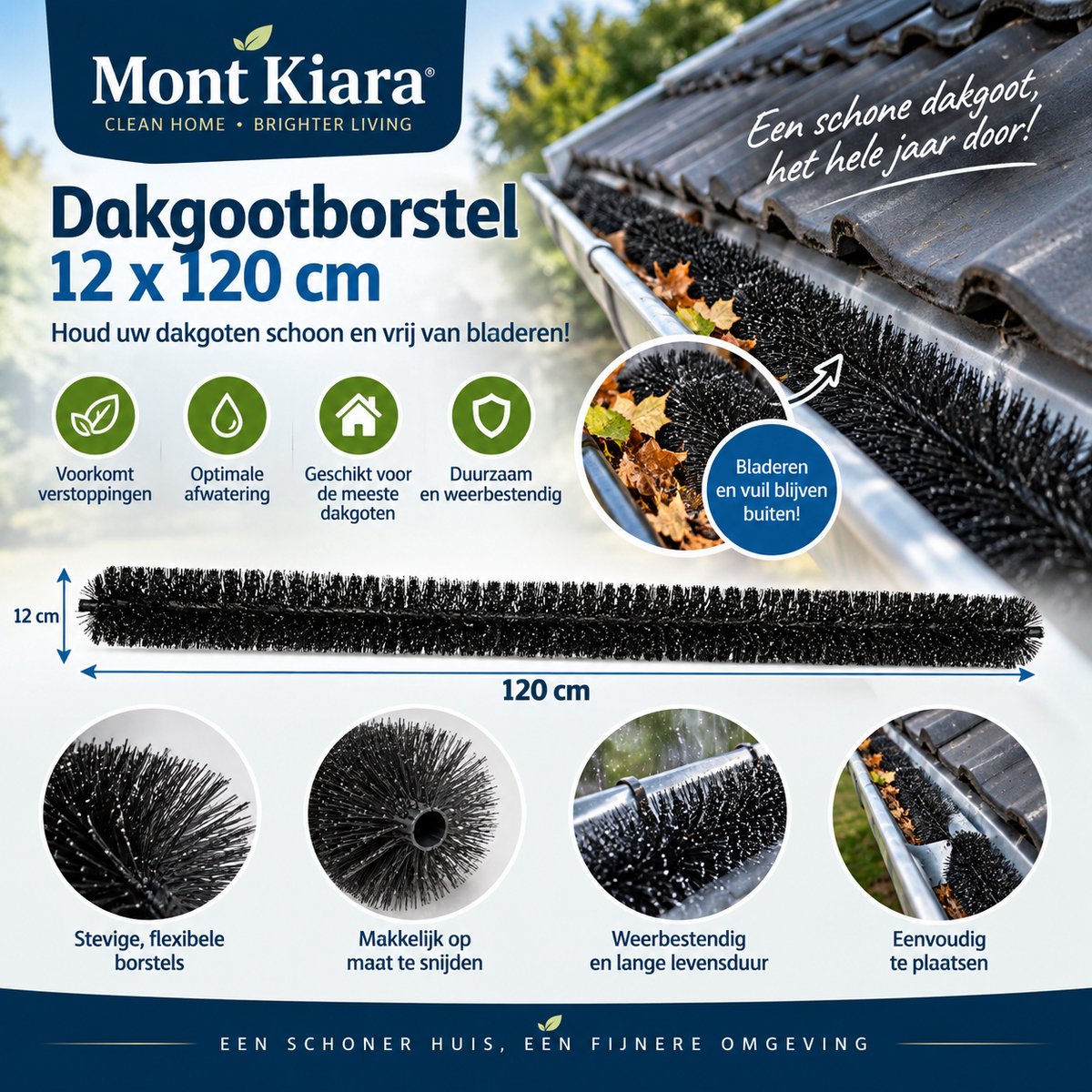 Mont Kiara Dakgootborstel 12 x 120 cm – Bescherming tegen Bladeren & Vuil – Voorkomt Verstoppingen – Flexibele Gootborstel voor Dakgoten