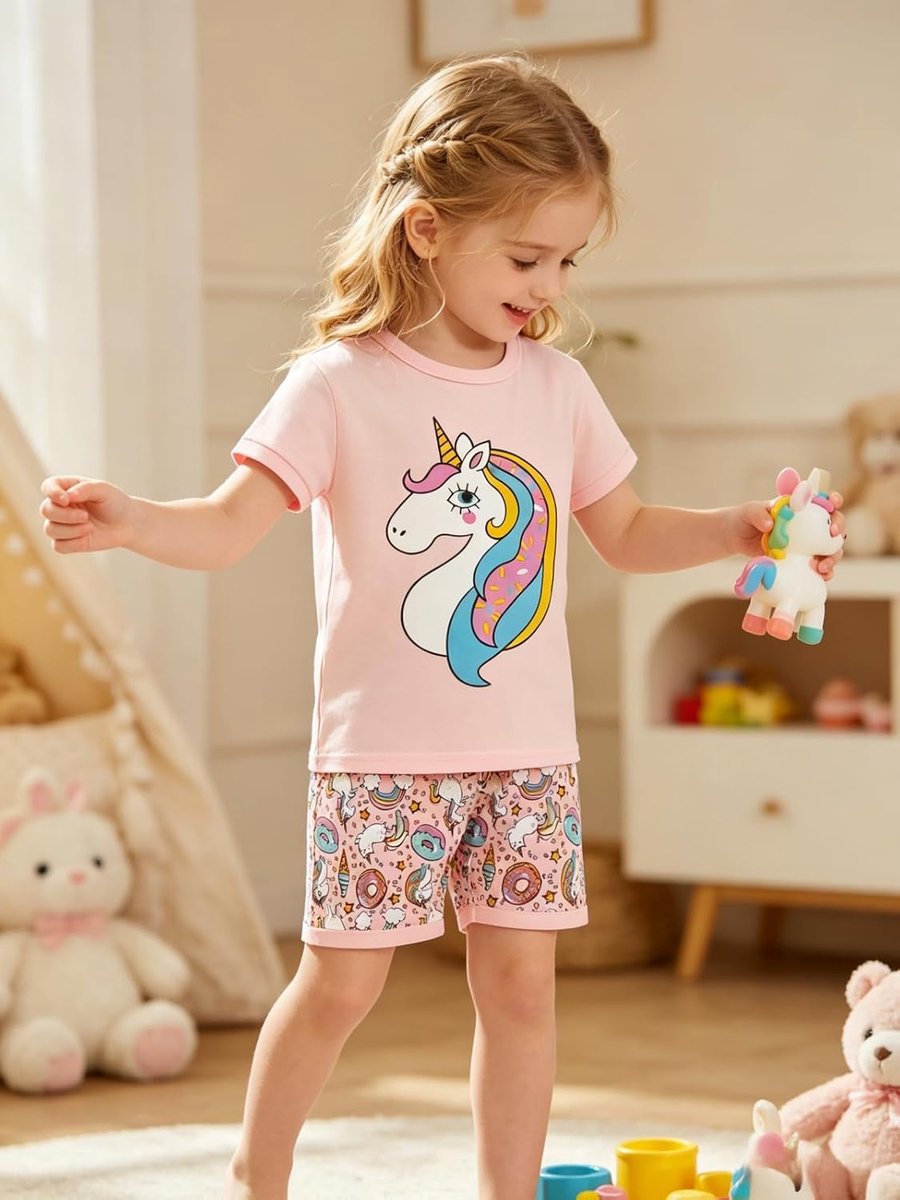 zomershorts, sets eenhoorn, 100% katoen, nachtkleding, korte mouwen, 2-delige outfit voor kinderen van 1-12 jaar