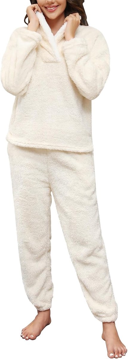 Pyjama voor dames, winter, fleece, pyjamaset, fleece, warm en zacht, lange mouwen, revers, pyjama