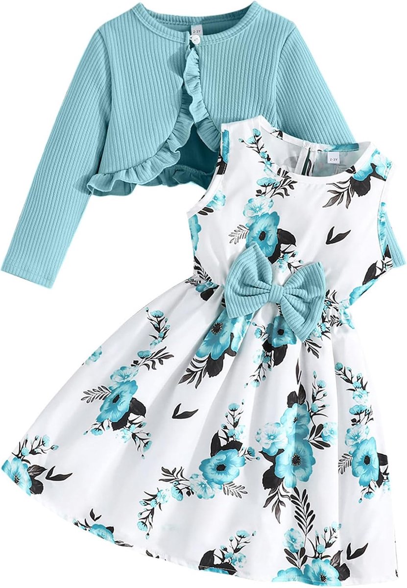 Jurk voor meisjes met cardiganset, bloemenjurk, mouwloos, met ruches, lange mouwen