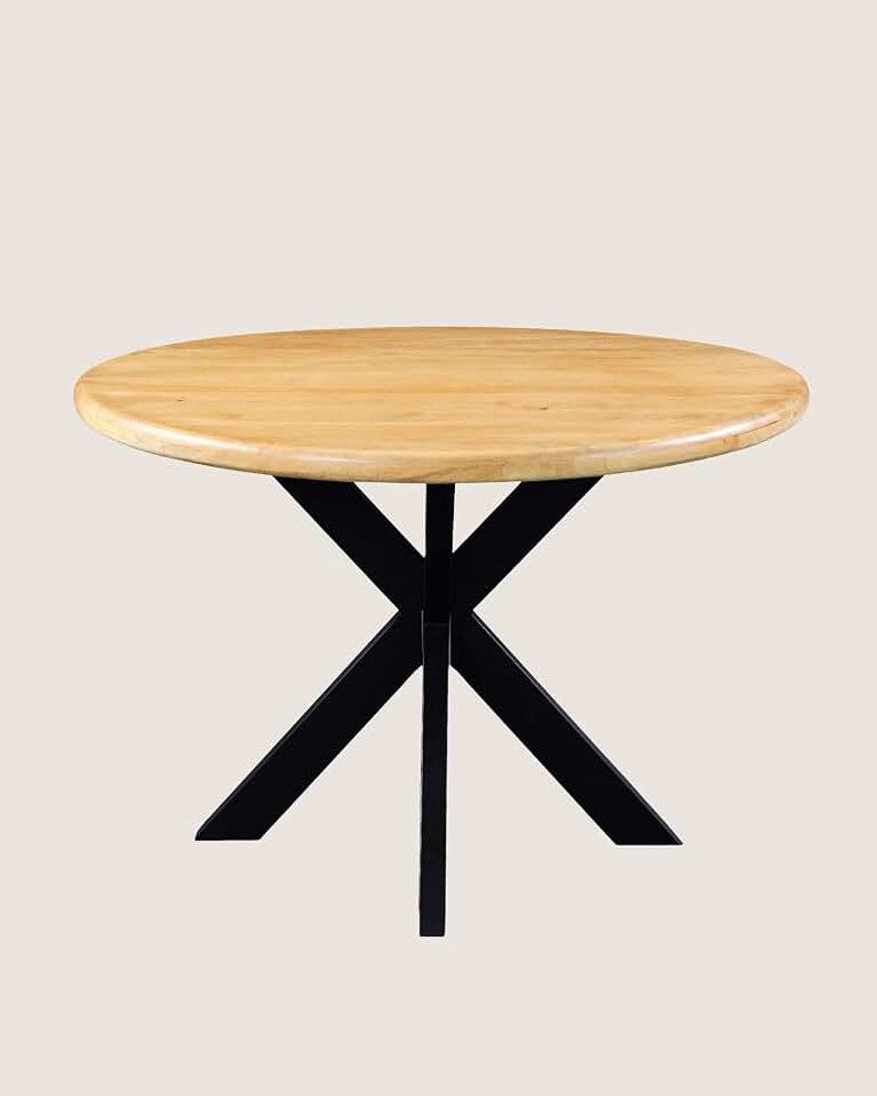 Eettafel 110 cm Mangohout – Zwart Metalen Matrix Onderstel – Landelijk – 4 Personen