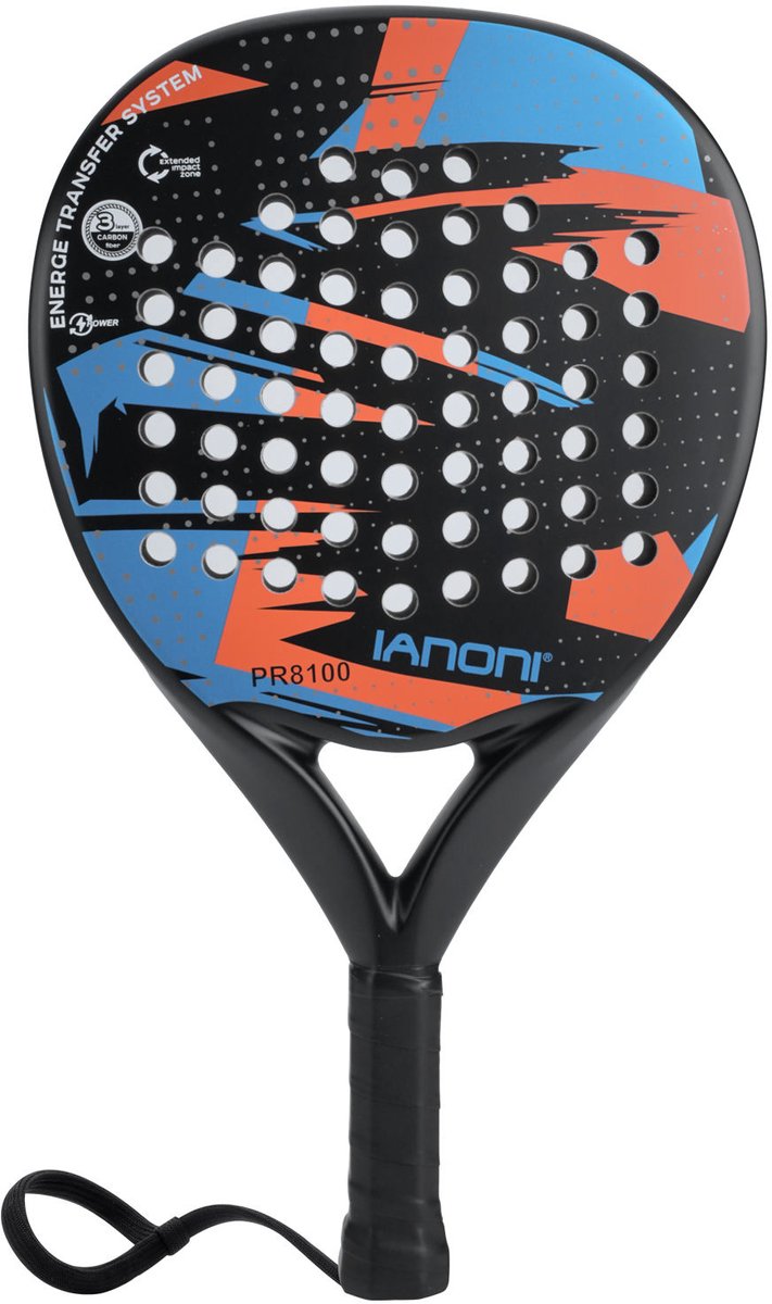 IANONI Padel Racket – Carbon Fiber 3-Layer – Power & Controle – Anti-Slip Grip – Unisex – Inclusief Polsband - Blauw - Oranje - Zwart