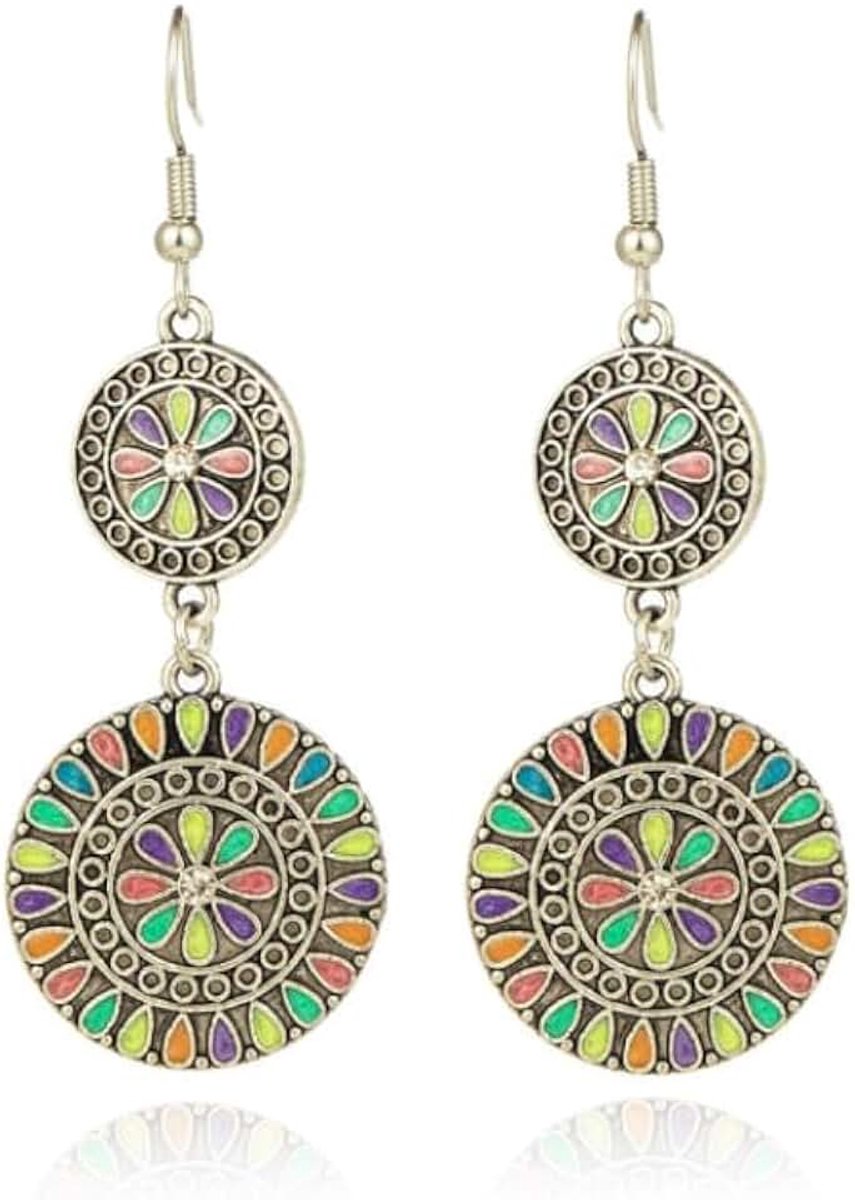 Ronde zilverkleurige dames oorbellen multicolor en strass