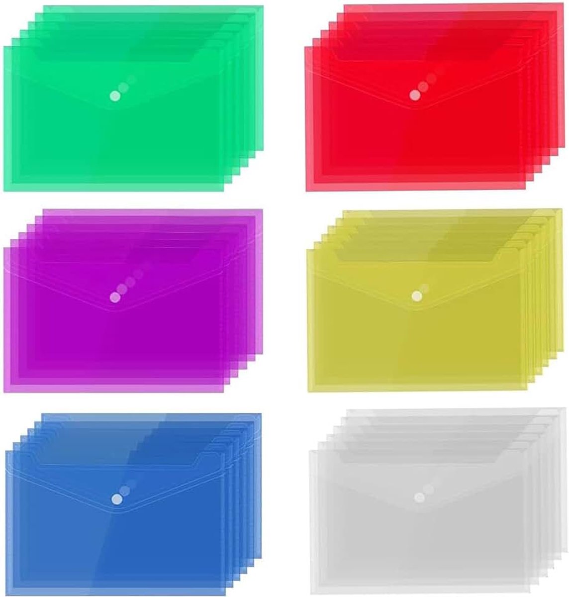 36 stuks documentenvakken, A4, gekleurde documententas, plastic hoes, transparant, met drukknop opbergbaar, enveloppen van plastic, voor school, kantoor, thuis, documentopslag