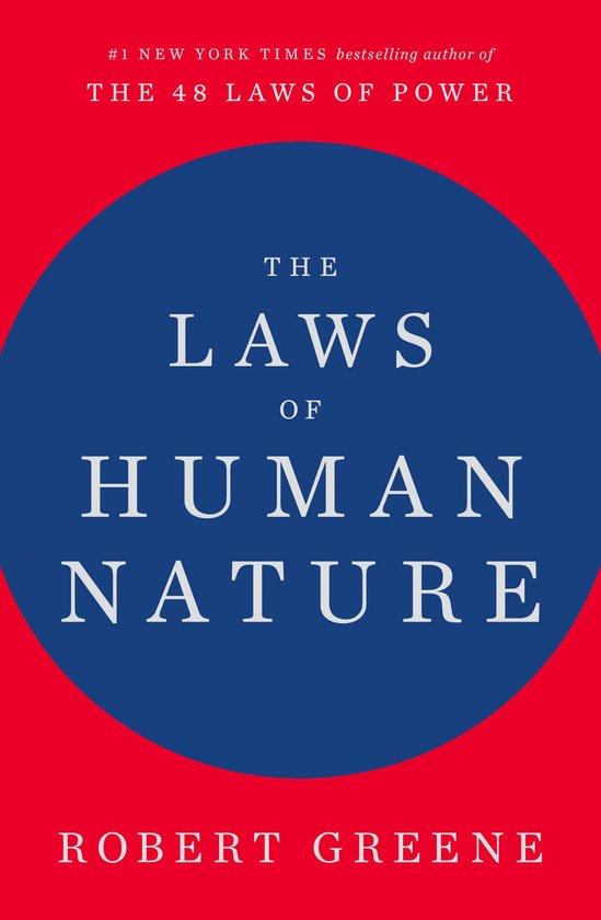 Livre 'The Laws of Human Nature' de Robert Greene, couverture rouge avec cercle bleu et texte blanc.