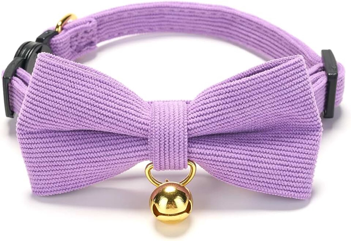Zachte halsband van natuurlijk katoen, corduroy gemaakt voor katten met een gevoelige huid, lichtgewicht kittenhalsbanden met snelsluiting en afneembare strik, paars, 1 stuk