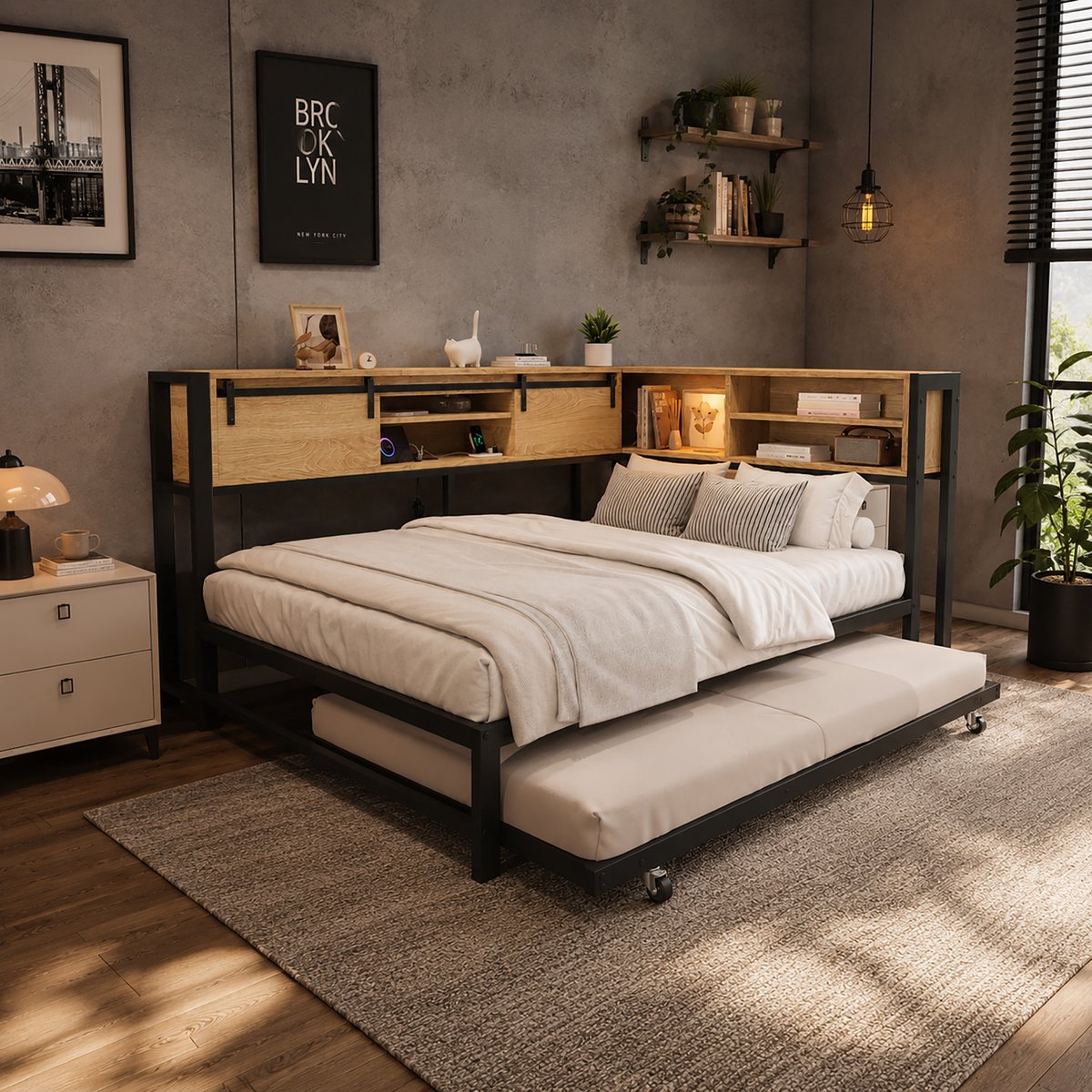 Zubaliya Kinderbed, Metaalbed 120 x 200 cm met uitschuifbed 90 x 190 cm, tweepersoonsbed met houtlook opbergruimte, schuifdeuren, laadfunctie en flexibele opbergkast aan de korte zijde, zwart+naturel