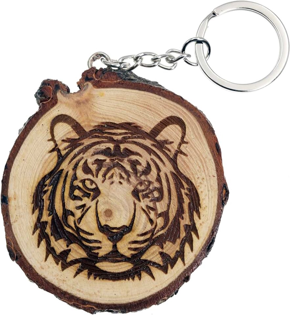 Sleutelhanger van natuurlijk hout met tijgermotief in tijgerstijl, Bruin, Eén maat, Keychain