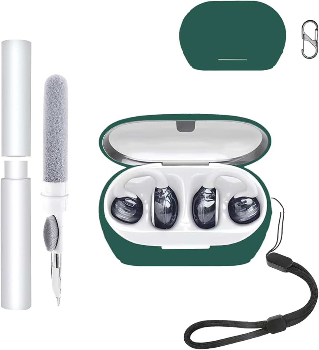 Behuizing voor JBL Soundgear clip-oordopjes, schokbestendig, waterdicht, zachte en slanke siliconen afdekking met koord, sleutelhanger en reinigingsset, groen