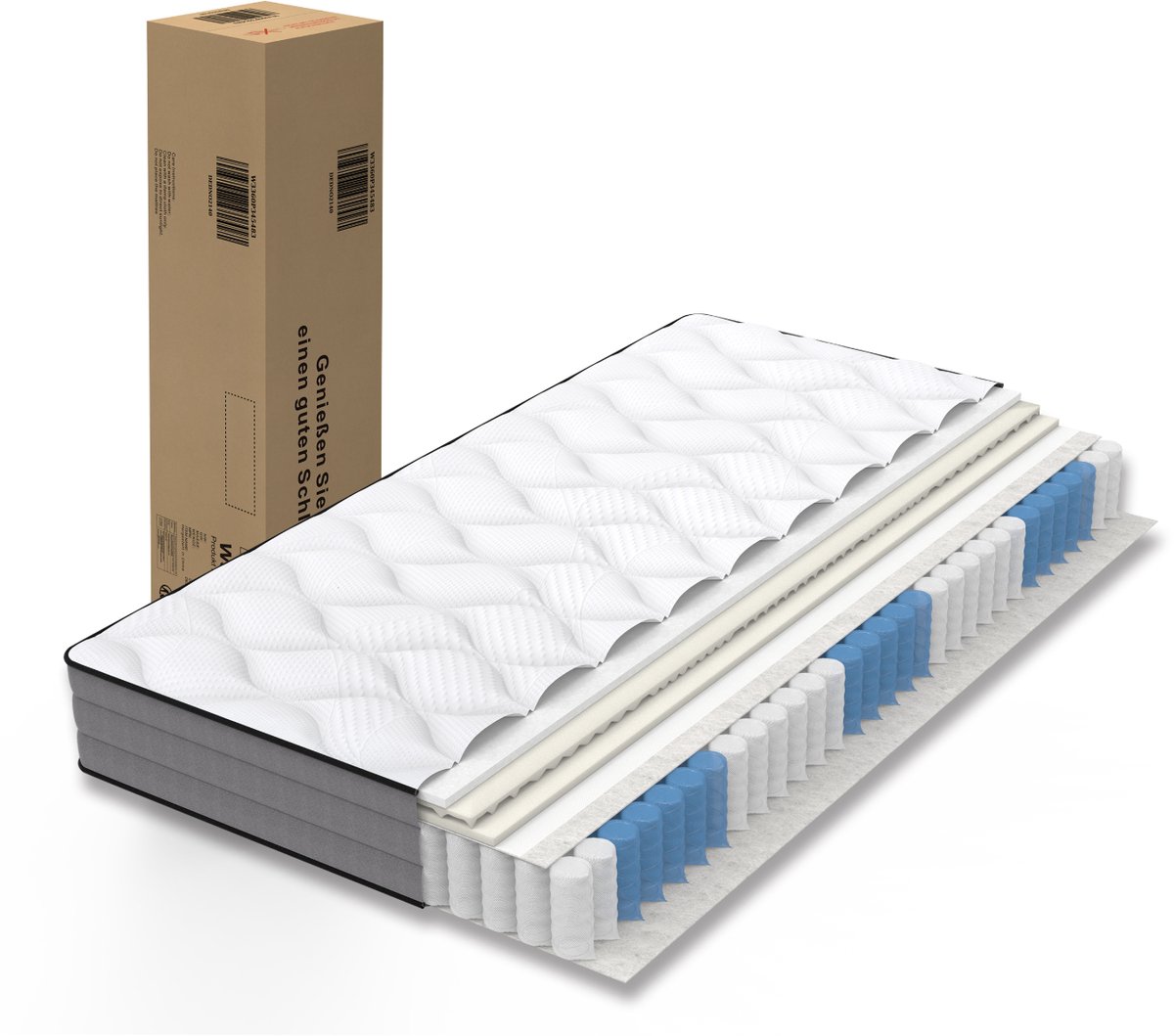 DESMIU Pocketveringmatras 140x200 cm – 7 Zones En H3 Ligcomfort – Traagschuim Met Veren – Ergonomische Ondersteuning – Wit Grijs
