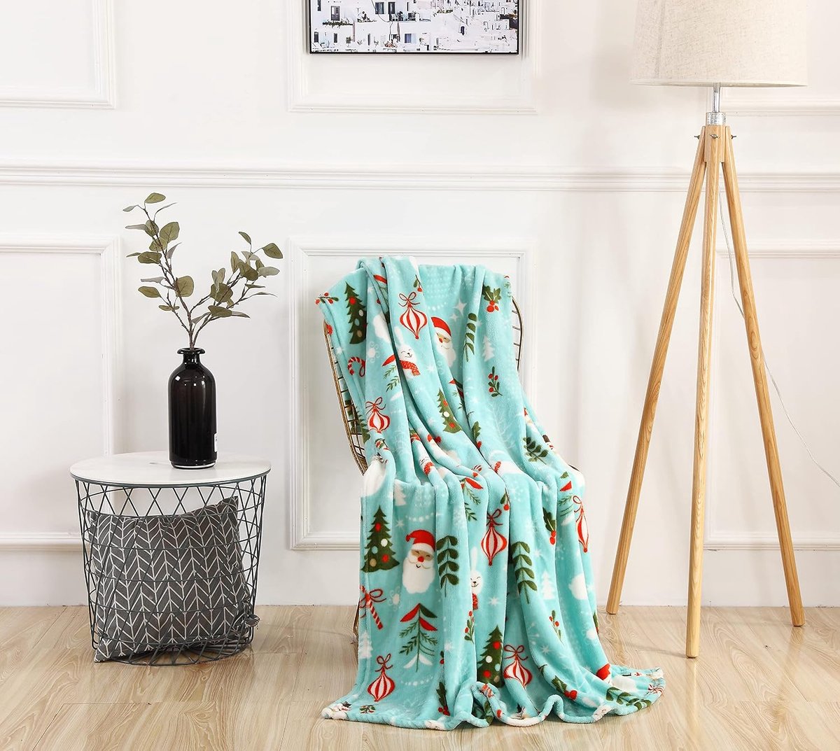 Deken - Ultra-zacht Langpolig Fleece Plaid met Kerstprint - Kerstman en Sneeuwman Motief - Warm en Knus voor Bank en Bed - Formaat 130x150 cm - Blauwe Kleur