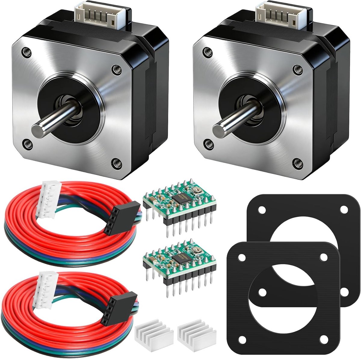 17 stappenmotor, 42 x 23 mm, 15,5 Ncm, 1,3 A-3,9 V, 2 fasen, 4 draden, 1,8 graden, met A4988 stappenmotor-driver-module, koellichaam en dempingsmat, stappenmotor met 1 m kabel, voor