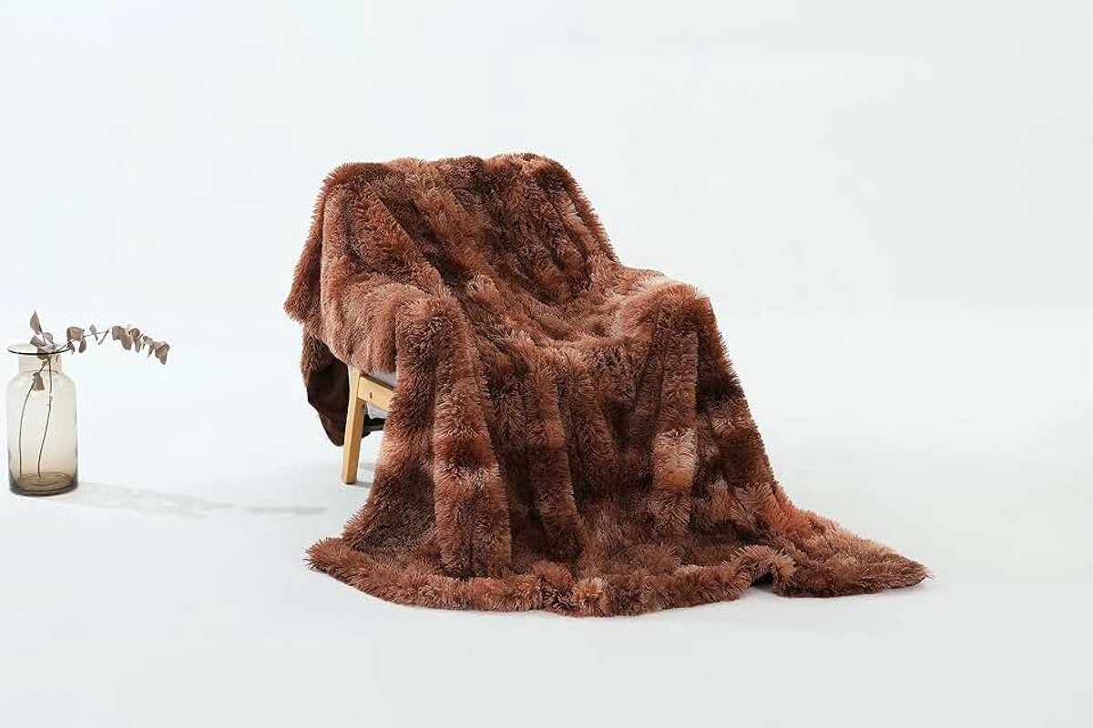 Fleece deken, comfort luxe faux fur gooit dekens voor bank, bank, woonkamer of bed, zachte pluizige deken omkeerbare stropdas geverfd pluche deken, koffie, 130 x 160 cm