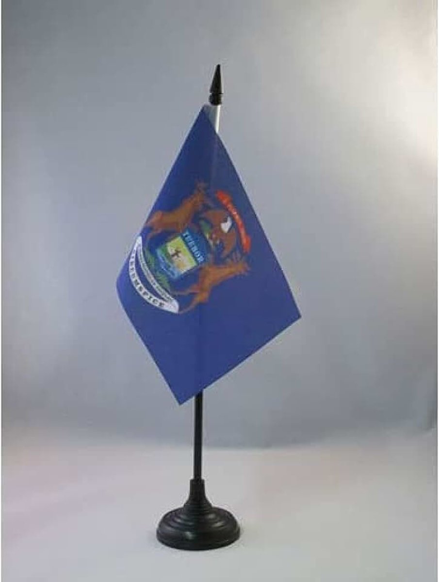 Tafelvlag Michigan 15x10 cm Polyester 100D Plastic Voet | Binnengebruik Amerikaans bureauvlag gestikte afwerking met verstevigde randen met kunststof stok en kunststof voet