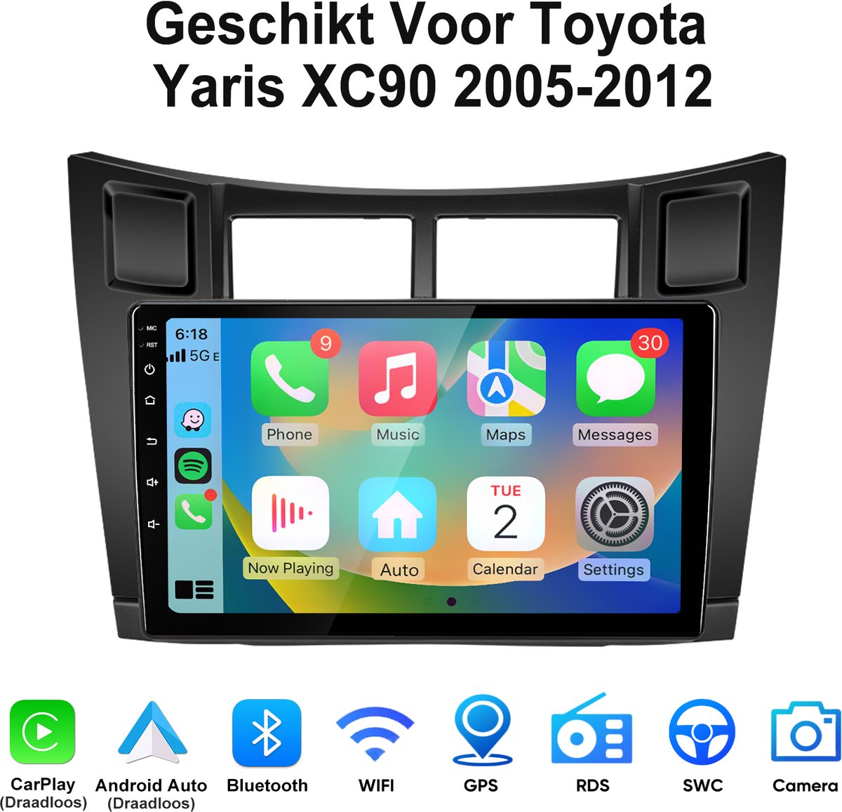 Junsun Android 15 Autoradio Geschikt Voor Toyota Yaris XC90 2005-2012 Accessoires - 4GB+64GB - Draadloze CarPlay & Andriod Auto - Bluetooth - GPS-navigatiesystem - 9 inch HD Touchscreen - WiFi - Stuurwielbediening - DSP