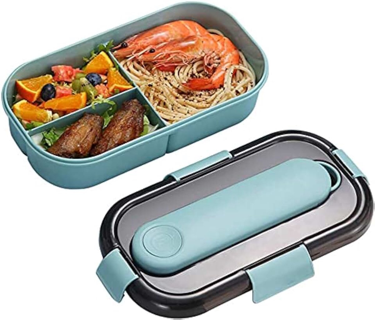 Bento Box Lekvrije Lunchbox 3 Compartiment en Bestekset Kind Volwassen Bento Box Lekvrije Lunch Draagbare Bento Box,Blauw