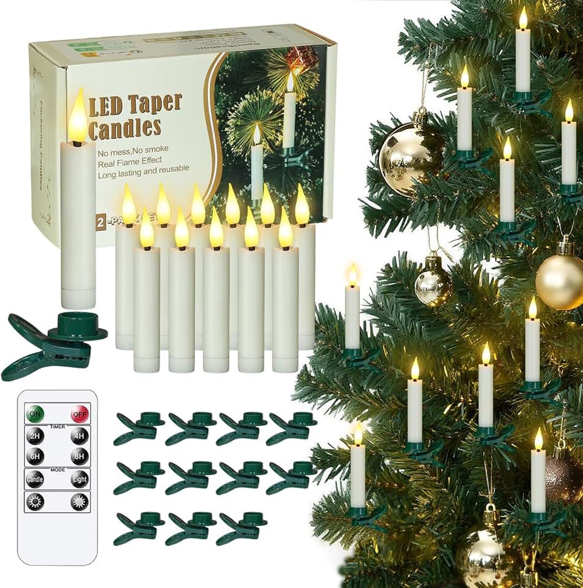 Set van 12 vlamloze led-kaarsen met flikkereffect, afstandsbediening, timerfunctie, clip voor bevestiging, op batterijen, kunststof, 1,5 cm x 9,5 cm, voor feesten