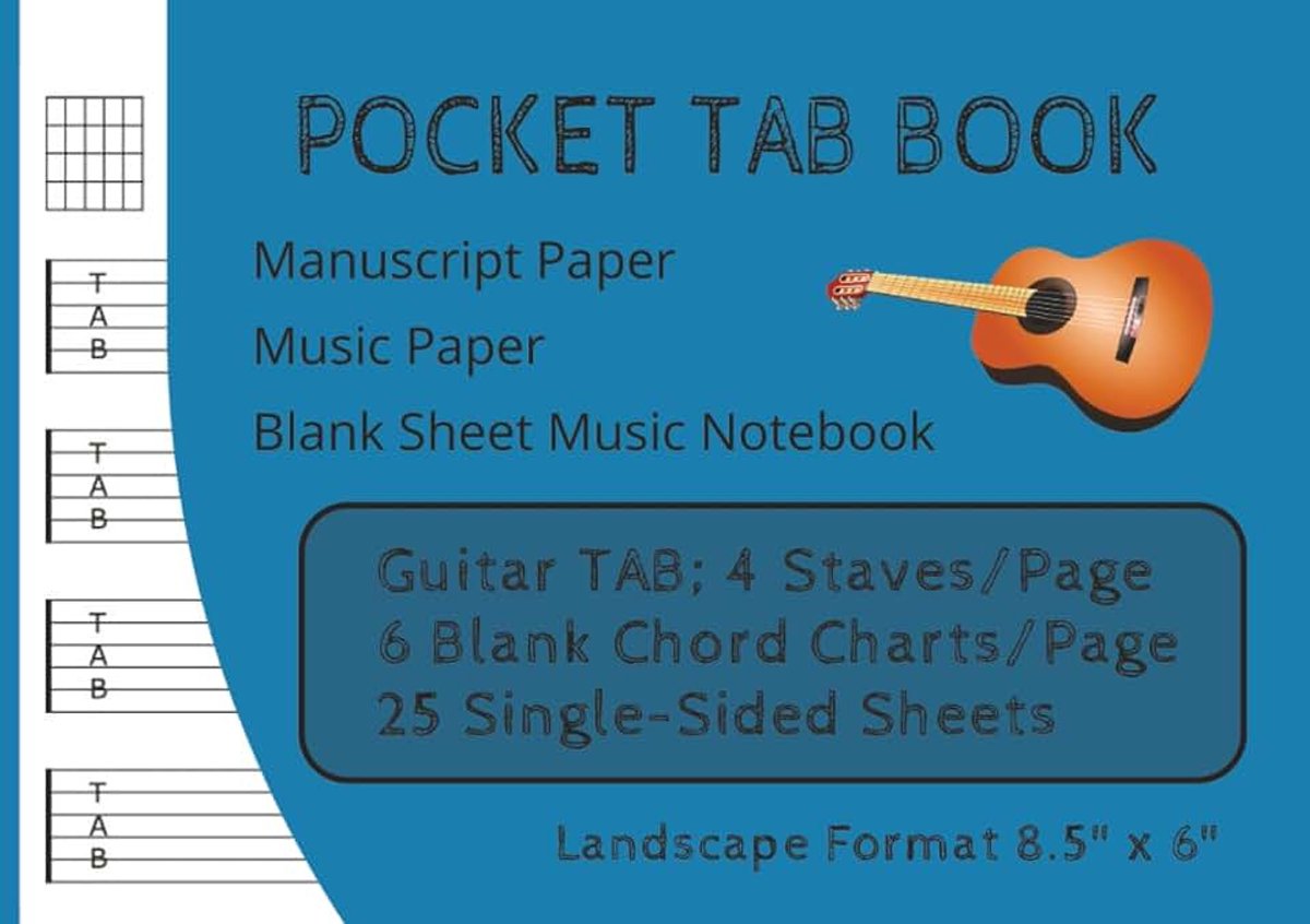 Book for Guitar | Manuscript Paper | Staff Paper | 25 Single-Sided Sheets: 8.5" x 6" (Landscape Format)