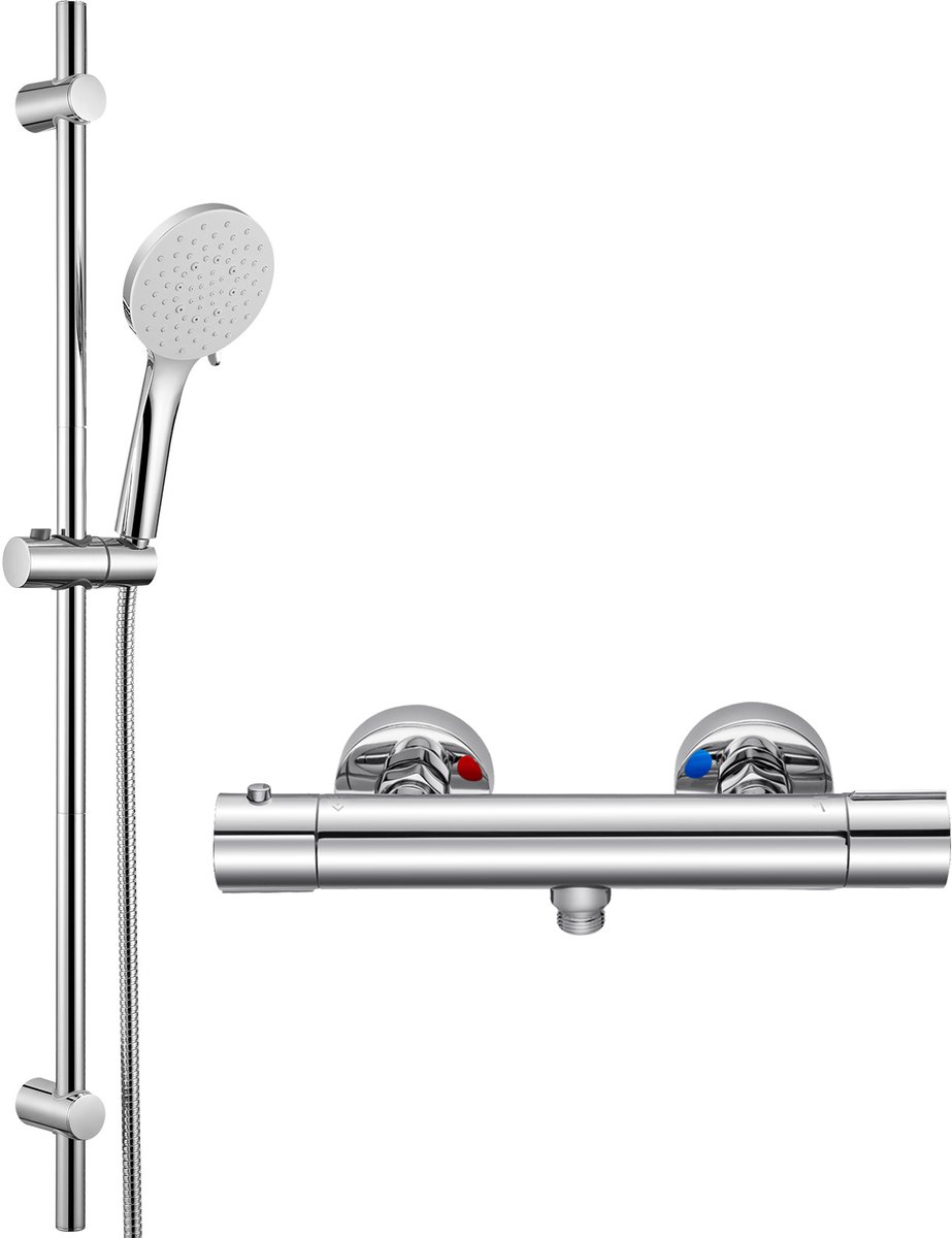 Auralum max Doucheset - Inclusief thermostaatkraan Douchekraan - 15 cm Hartafstand - 90 cm Glijstangset - 6 Standen Douchekop - 150 cm Doucheslang - Met CoolTouch technologie - Waterbesparend - Chroom&Wit
