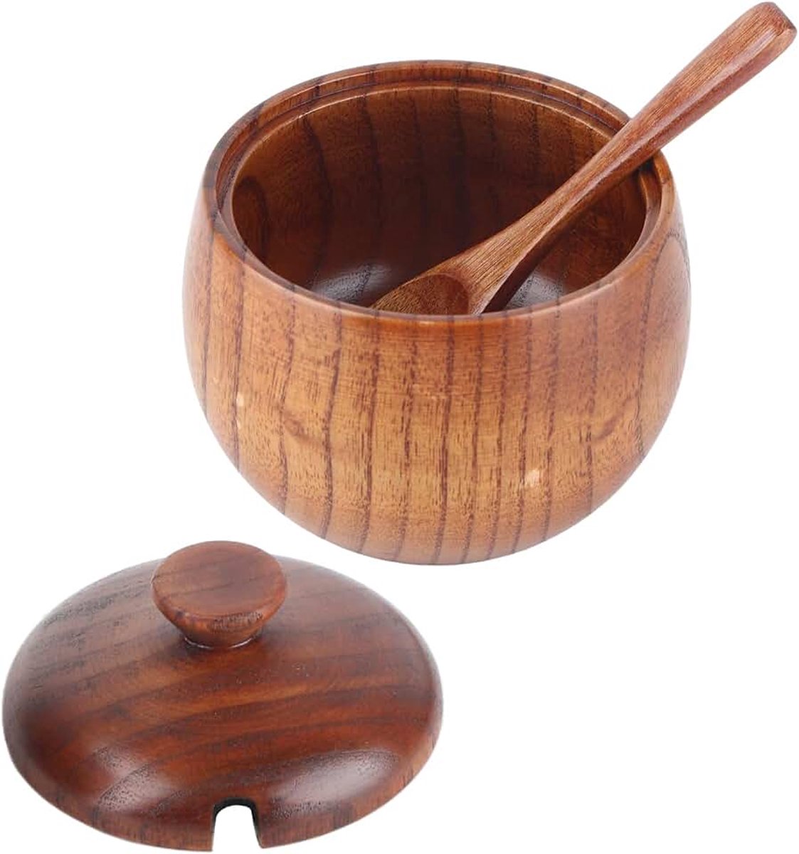 Kruidenpotje van massief hout met deksel en lepel, natuurlijke bewaarpot voor specerijen, suiker, zout, keukengerei, decoratie in Scandinavisch design, 8 x 9 cm