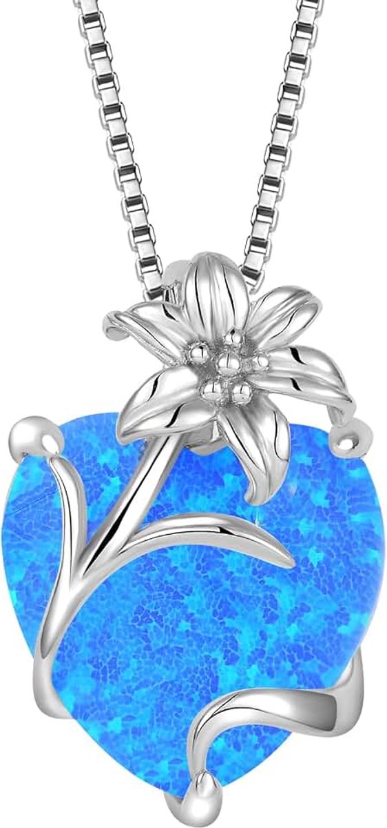 Zilver lelie hanger ketting blauw opaal sieraden geschenken voor dames moeder vriendin, Zilver, Opaal
