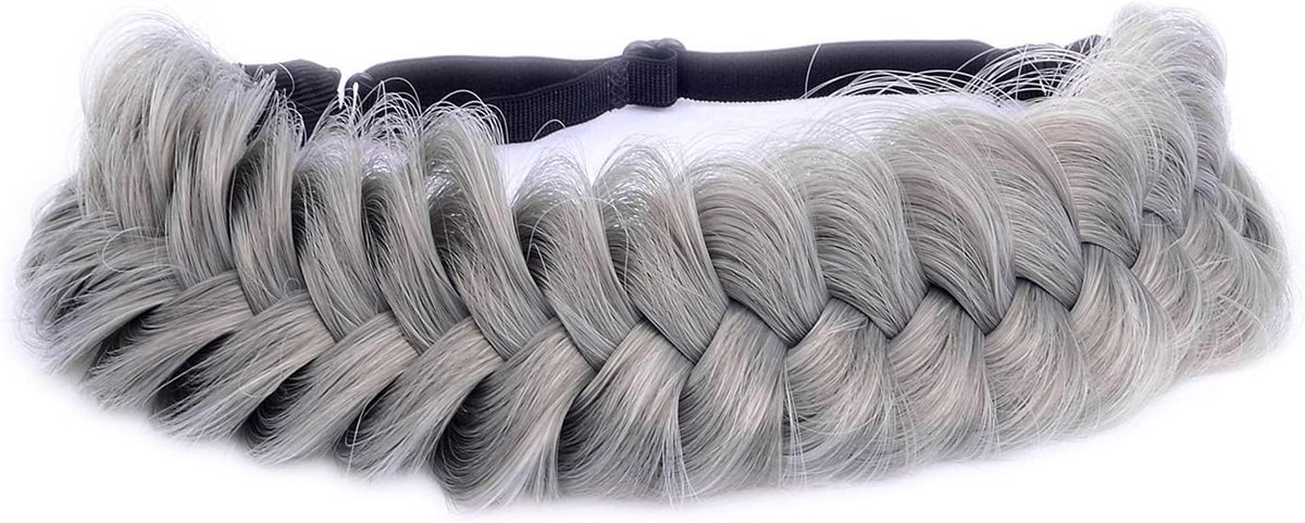 Brede 2 strengen synthetisch haar, auburn gevlochten hoofdband, klassieke chunky gevlochten hoofdband, elastische stretch gevlochten haarband (staalgrijs)