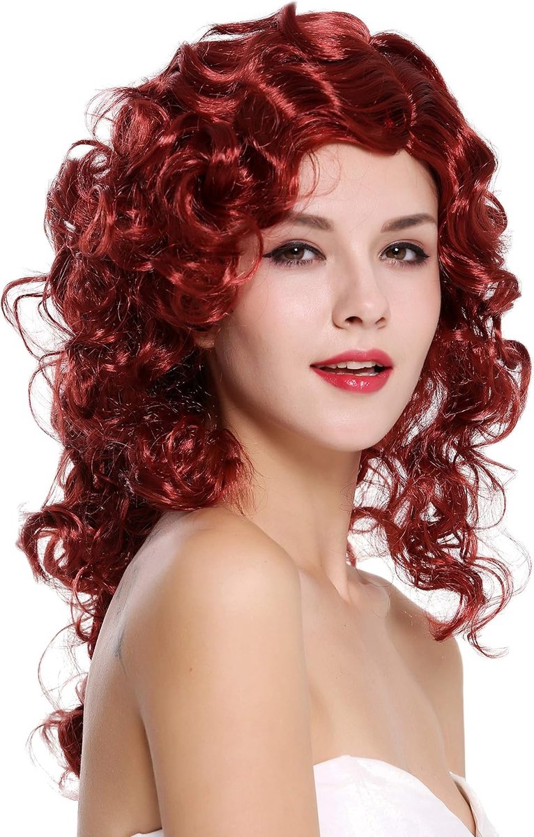 Damespruik Carnaval Halloween Super Volumineuze Krullen Krullende Manen Rode Highlights Lange Femme Fatale