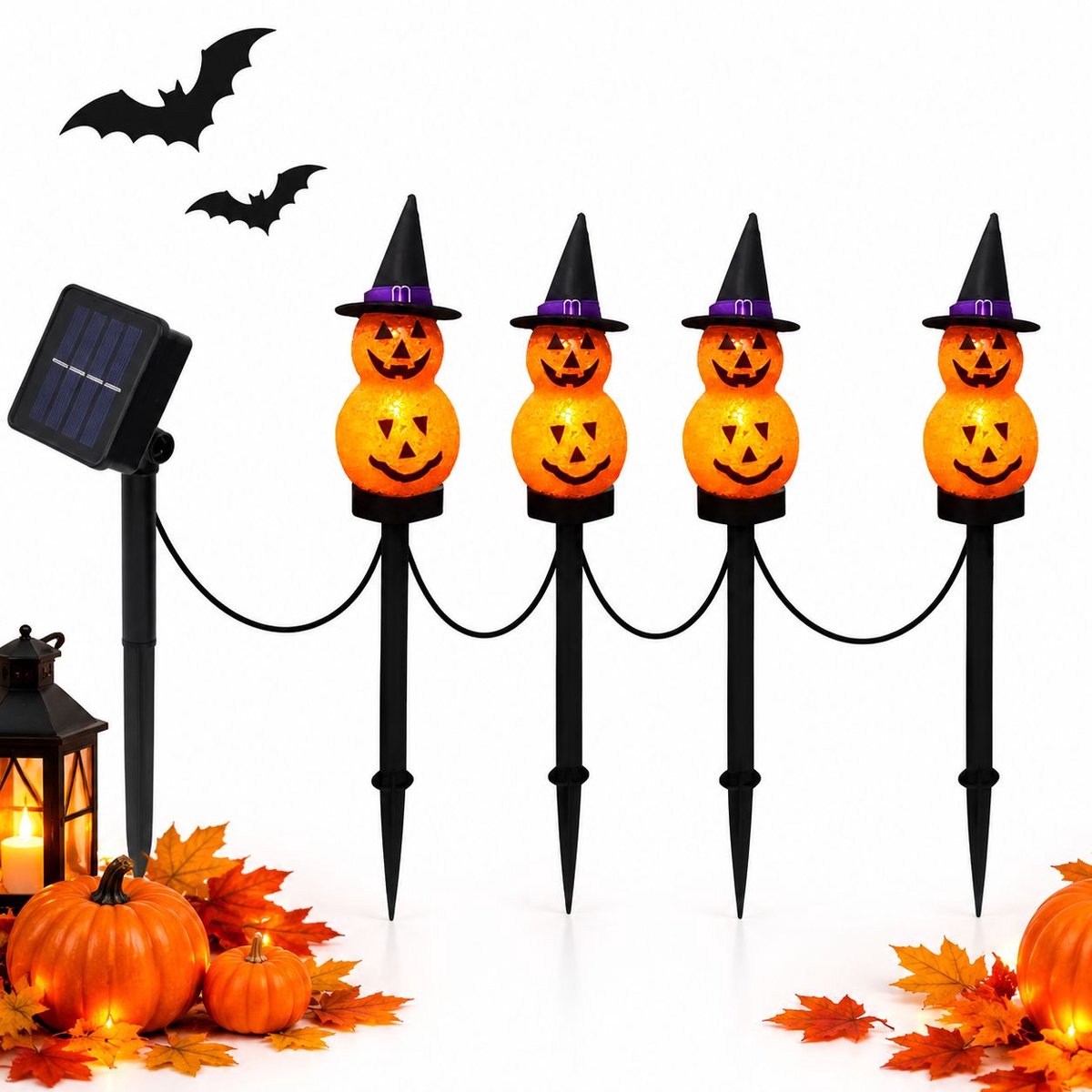 VHV - Pompoen lamp met grondpennen - 4 stuks - LED zonne decoratie lamp voor buiten - Valbestendig ontwerp - Halloween decoratie lamp - Energie besparend en milieu vriendelijk