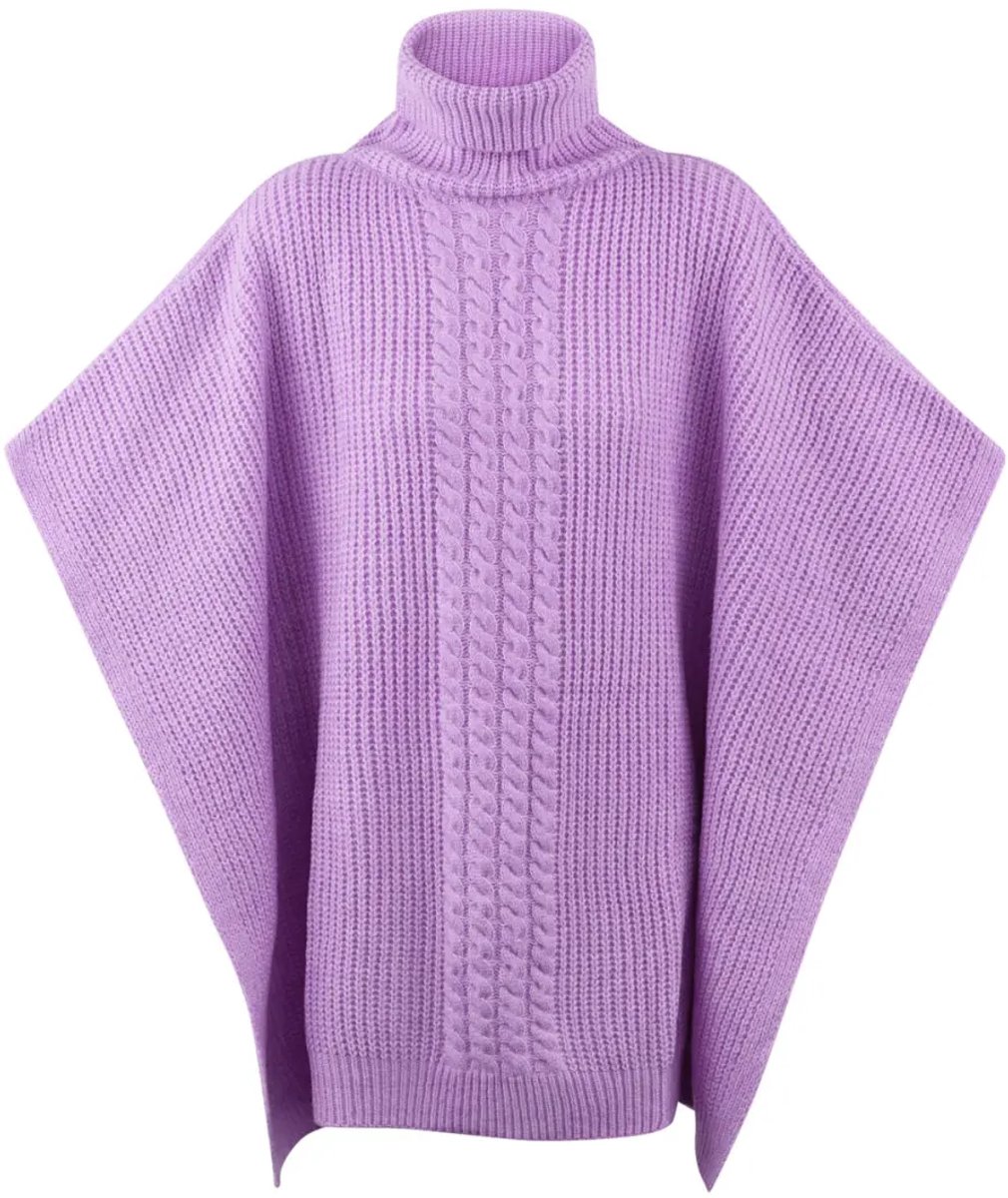 Paarse Poncho Met Hoge col - Trendy Dames Gebreide Ponchos met kabelpatroon - 100 x 68 cm - Paars