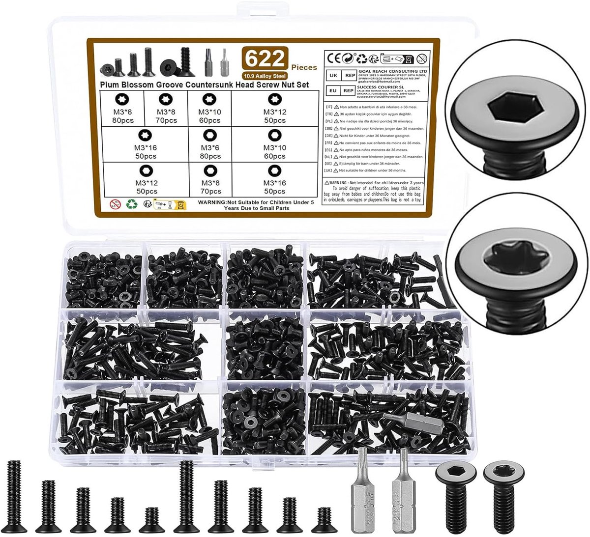 622 stuks M3 boutenset, zwarte meubelbouten met platte kop, zeskantige zeskantbouten en Torx verzonken schroeven, metrische inbussleutel boutset, Torx en zeshoekige dopmachineschroeven sets