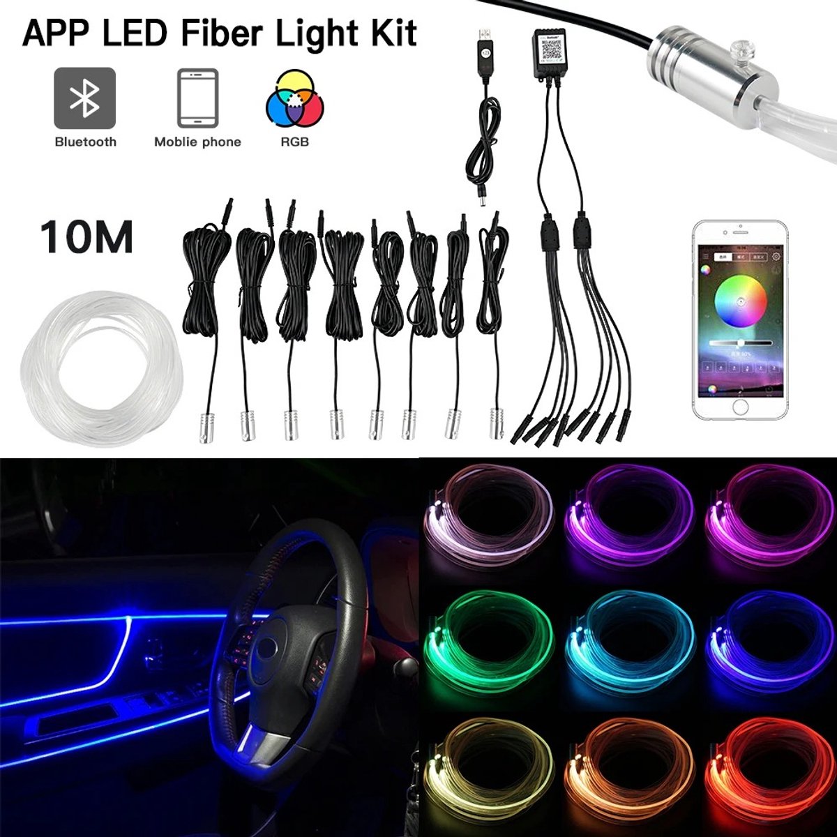 Cherrys Finds - 5 Stuks Auto Interieur Verlichting - Led Strip Auto – 6M – Met App En Afstandsbediening - Auto Interieur Sfeerverlichting - Universele Auto Sfeerverlichting - Multi Kleuren
