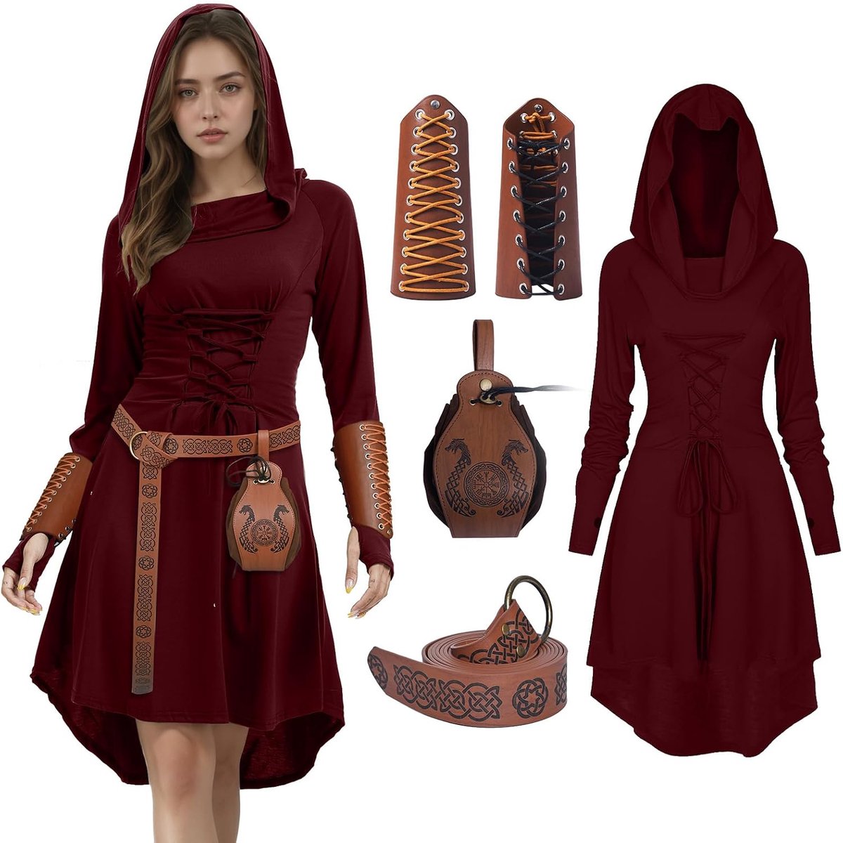 4 stuks renaissance-kostuum voor dames, gothic, middeleeuwse kleding, capuchonjurk met korset voor Halloween-feestjes