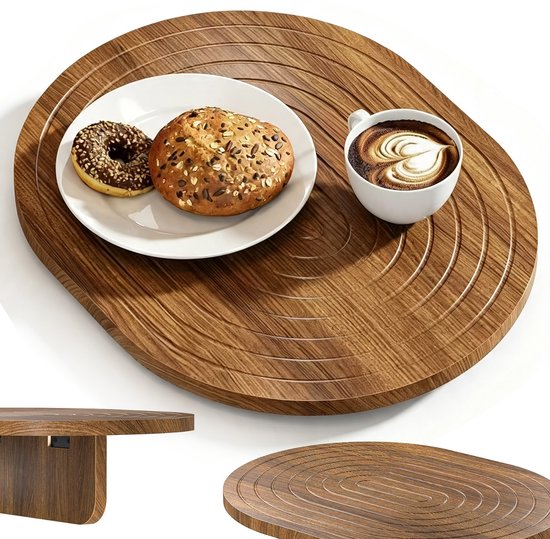 Ovaal houten dienblad met lijnen, met donut, broodje en koffie met hart latte art.