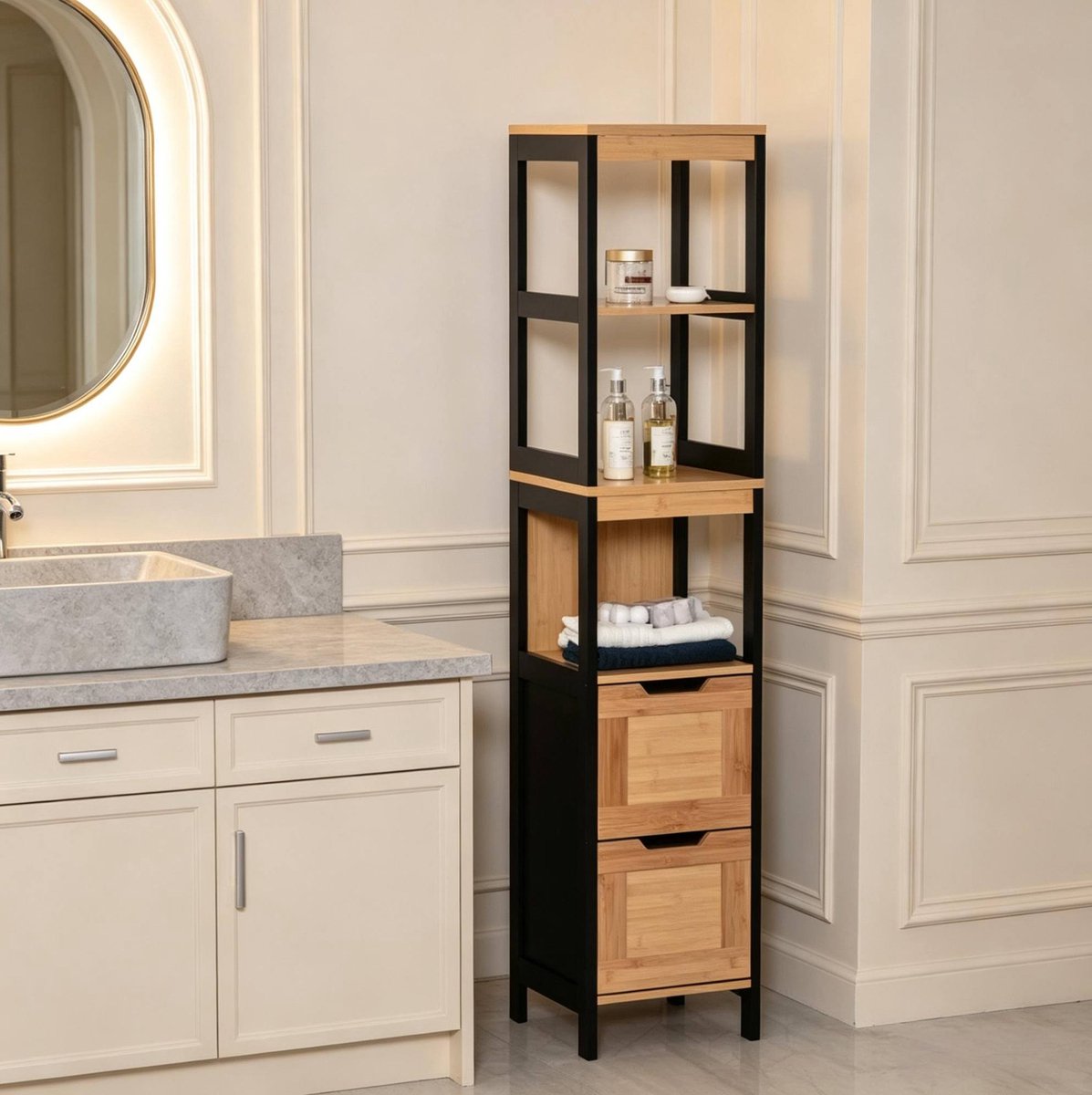 REDOM - Hoge badkamerkast - 3 legplanken - 2 laden - Smalle staande opbergtoren - Bamboe en MDF - Zwart en naturel - 30 x 30 x 144,3 cm