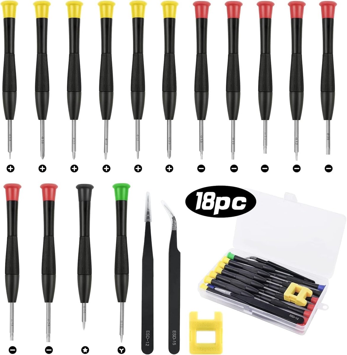 Precisieschroevendraaierset van 18 stuks voor horlogemakers en brillen, inclusief mini-sleutels, 2 pincetten en opbergtas voor reparaties aan horloges, brillen, computers en telefoons
