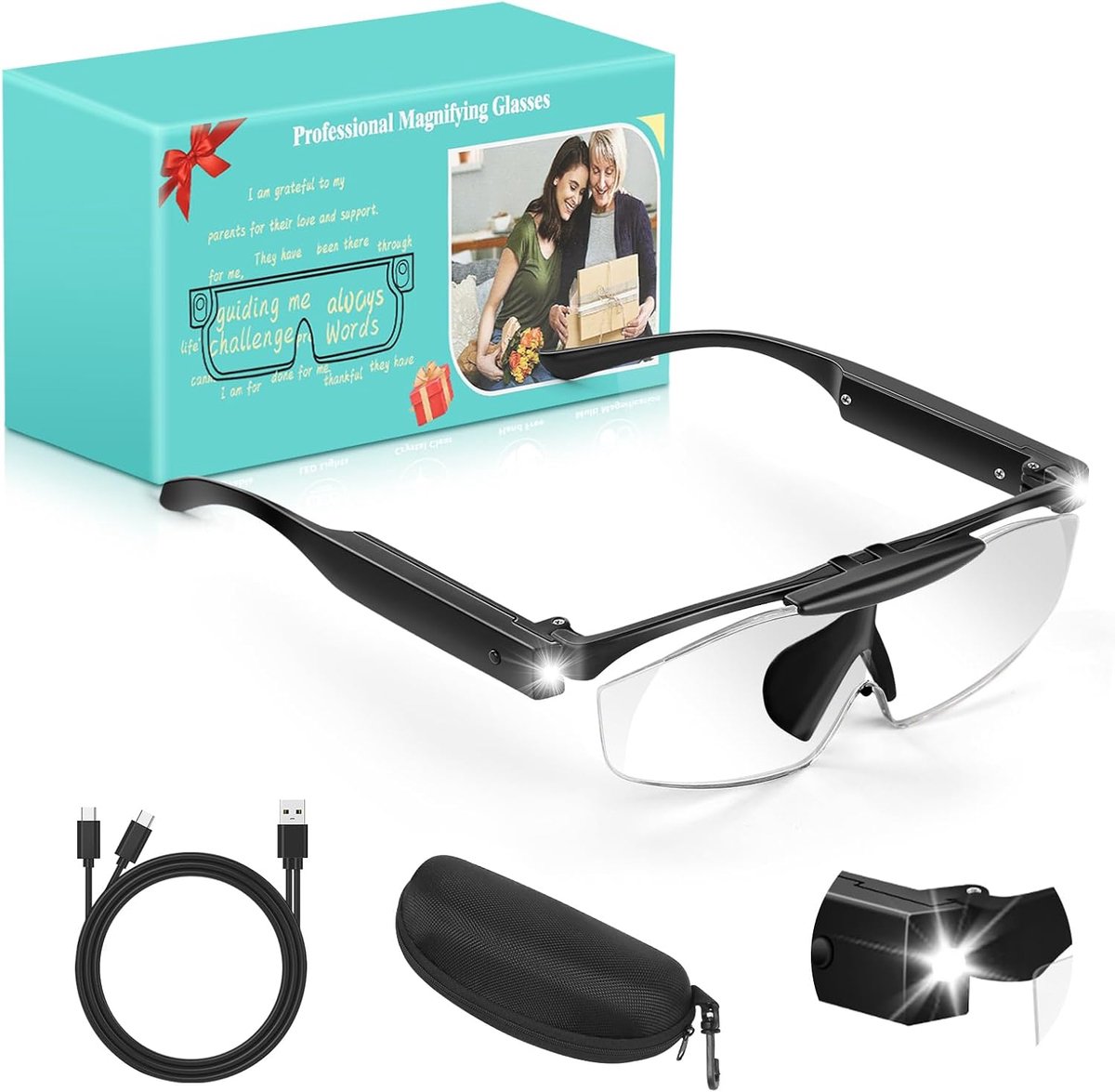 Vergrotingsbril Met 300% Vergroting En LED-Licht - USB-Oplaadbaar, Opklapbare Lens, Handsfree En Lichtgewicht - Voor Sieraden, Hobby's En Precisiewerk
