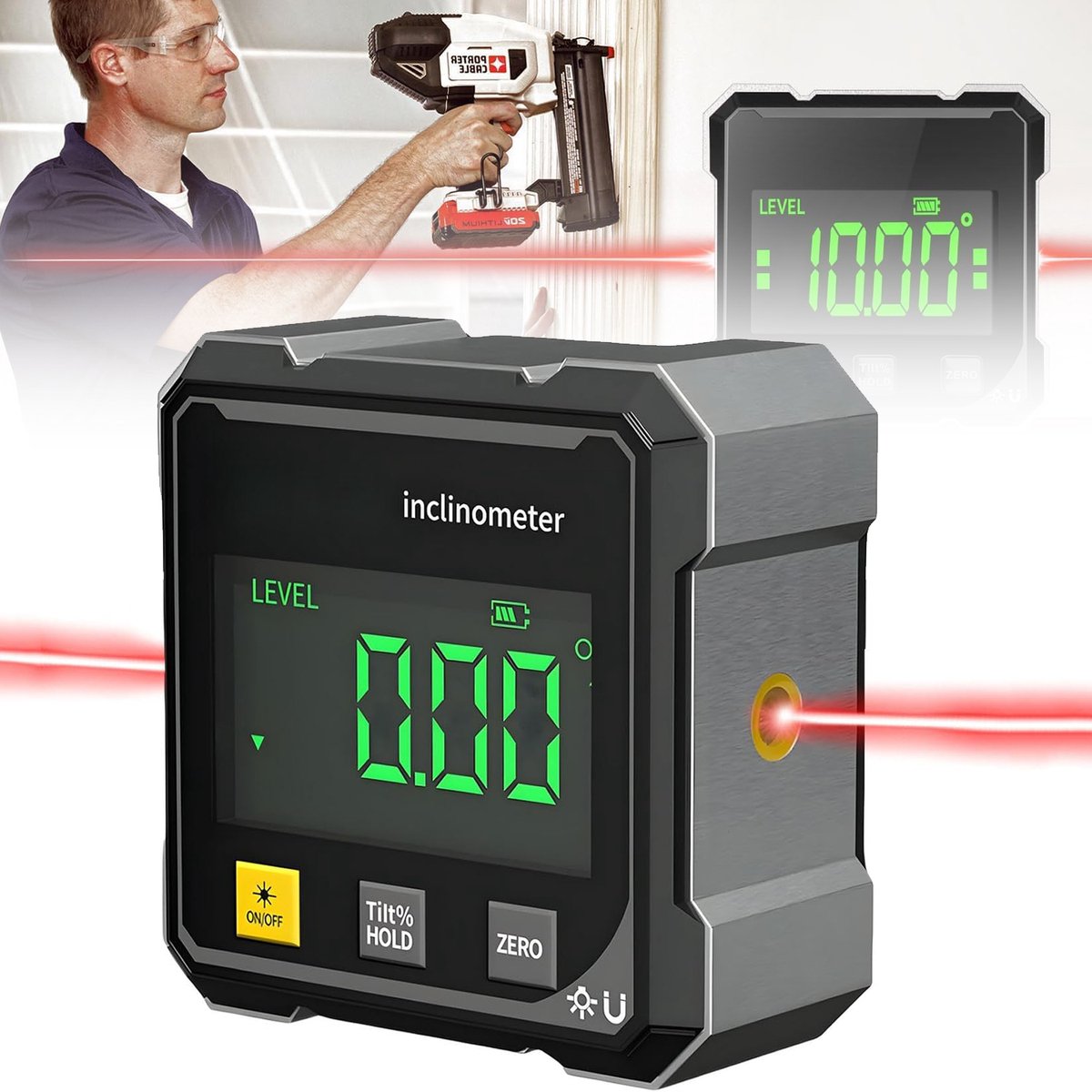 Digitale Hoekmeter Met Laser - Digitale Waterpas Met Lcd-Display - 4-Zijdige Sterke Magnetische Hoekmeter - Waterdicht