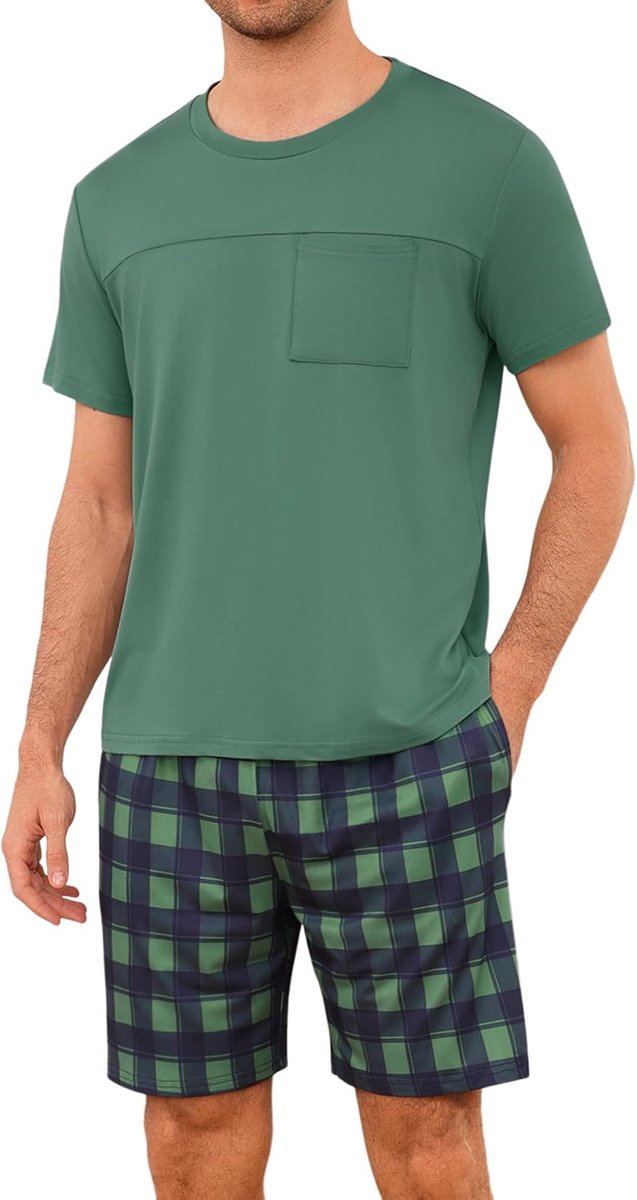 pyjama voor heren, van katoen met contrasterende strepen, zomerpyjamaset, bovendeel en korte broek, vader en partner, groen, L