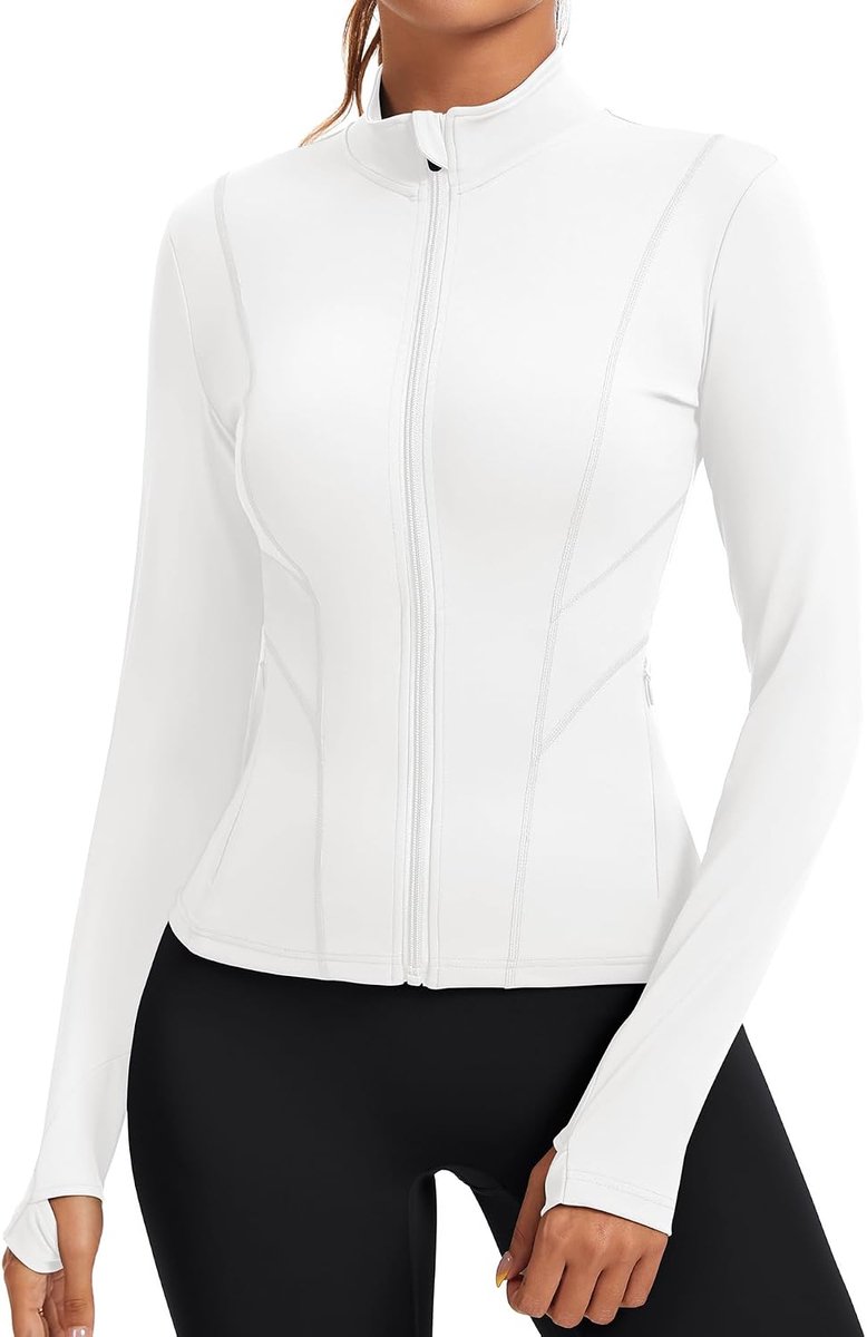 Sportshirt voor dames, lange mouwen, trainingsshirt, ademend hardloopjack met ritssluiting, zijzakken en duimgaten