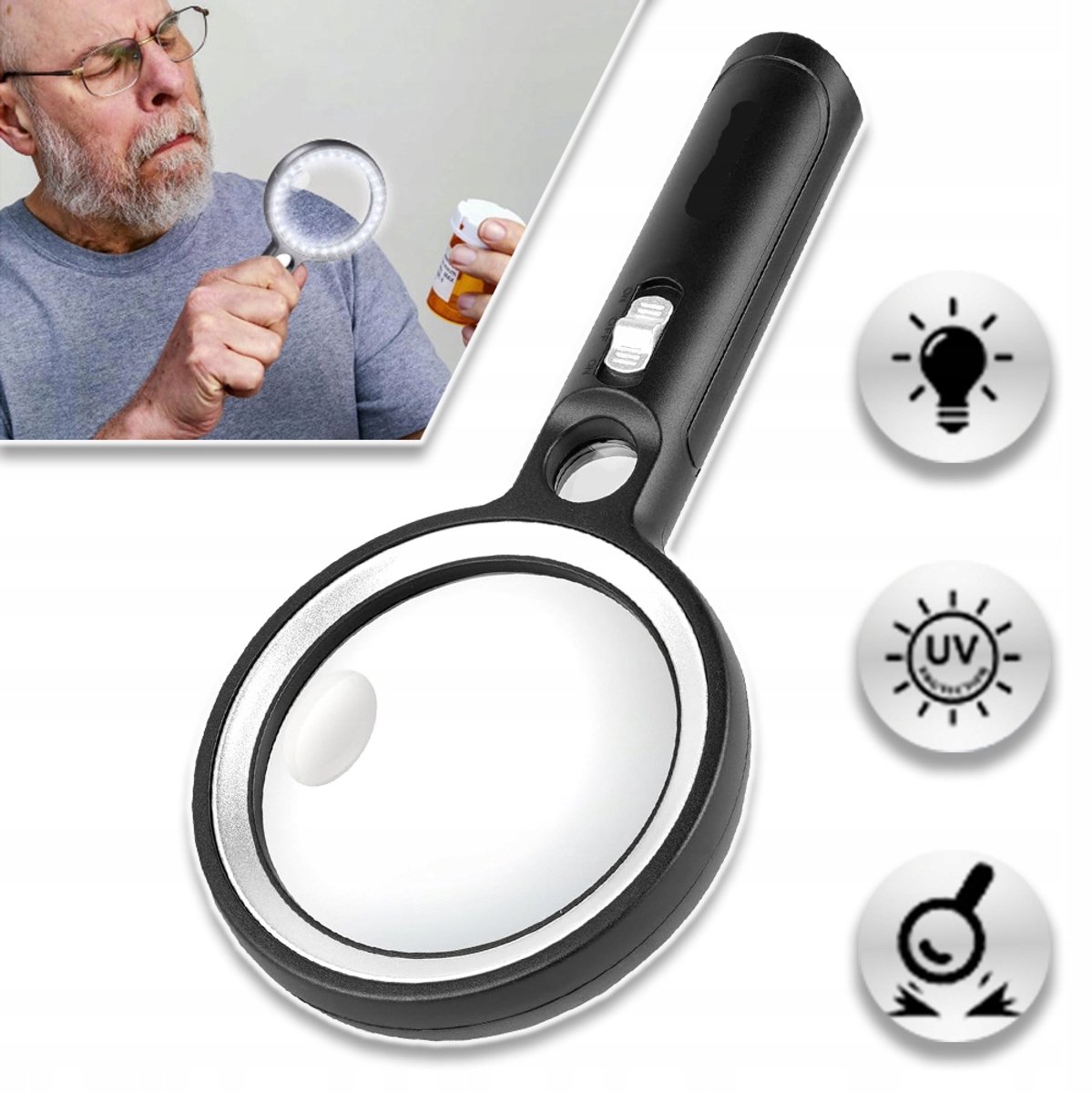 Vergrootglas Met 10x/20x/45x Lenzen - 30 LED's En UV-Verlichting, Acryl Lens, ABS Behuizing - Voor Lezen, Sieradeninspectie En Bankbiljetten - Zwart