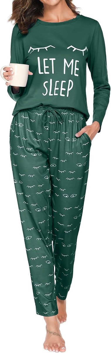 damespyjama, winterpyjama, tweedelige pyjama voor dames, met wimpermotief, lange mouwen en broek met zakken, los, comfortabel, voor thuis en vrije tijd, S-XXL