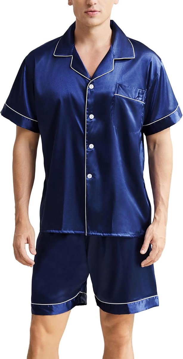 Pyjamasets voor heren van zijdesatijn met korte mouwen en klassieke shorts met knoopsluiting, comfortabel, zacht, tweedelige nachtkleding