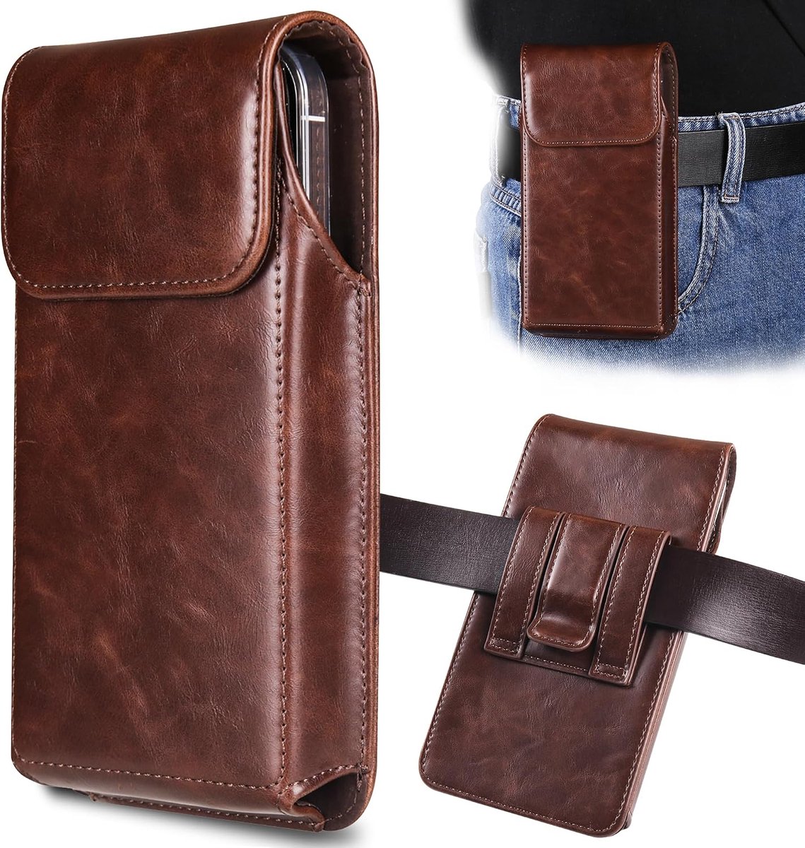 Holster voor iPhone 17 Pro Max 16 Pro Max 15 Pro Max 14 Pro Max 13 Pro Max 16 Plus 15 Plus 14 Plus, premium lederen etui met riemclip telefoon holster riemhoes, koffie -L